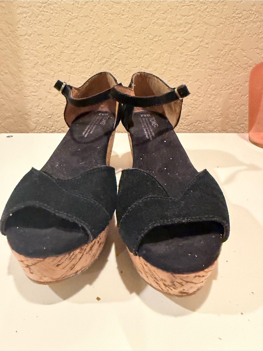 Toms Black Suede Cork Platform Wedge Sandals Ankle Strap
